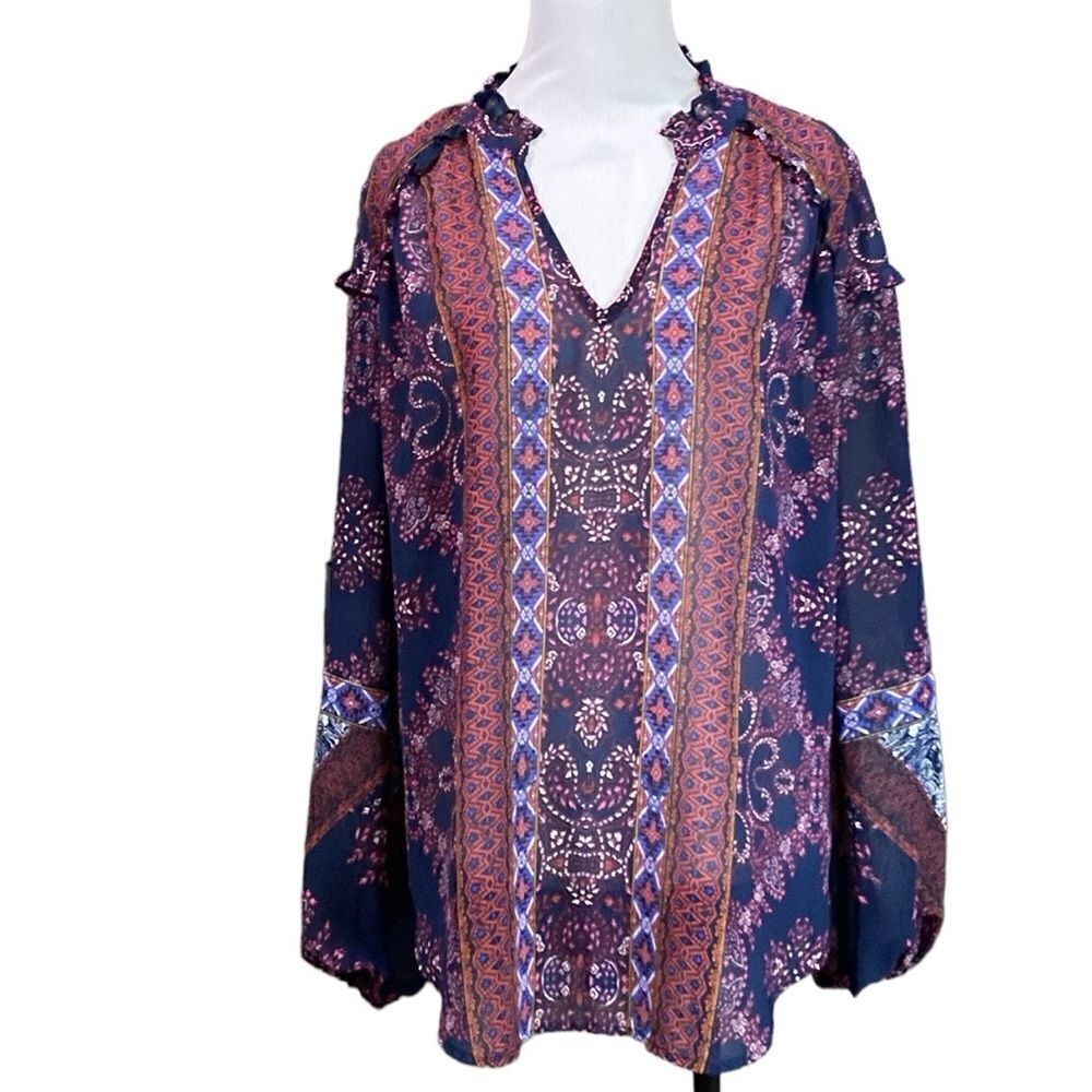Knox Rose Sheer Ruffle Long Sleeve Blue Pink Boho Blouse